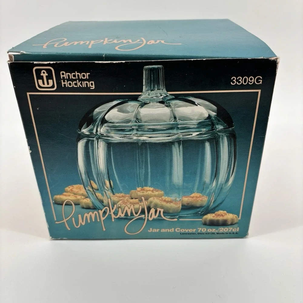 Anchor Hocking Glass Pumpkin Jar Clear 70 oz Original‎ Box Candy Fall Halloween